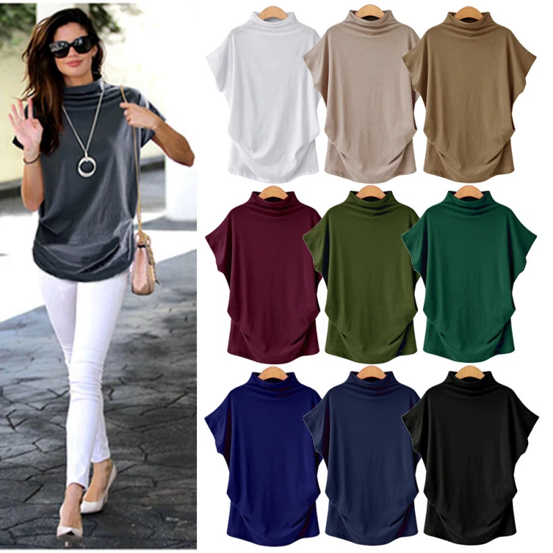 Hot Women Turtleneck Short Sleeve Cotton Solid Casual Blouse Top T Shirt Plus - image 2 of 4