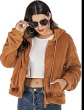 Coat size small women Sherpa Carmel brown hooded teddy bear