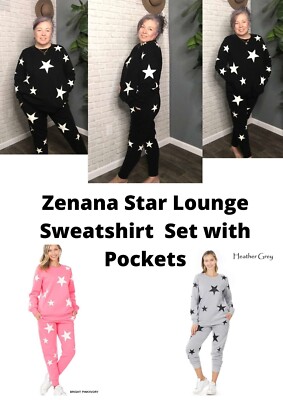 Zenana pajama Star Lounge Sweatshirt sweatpants Set Pockets