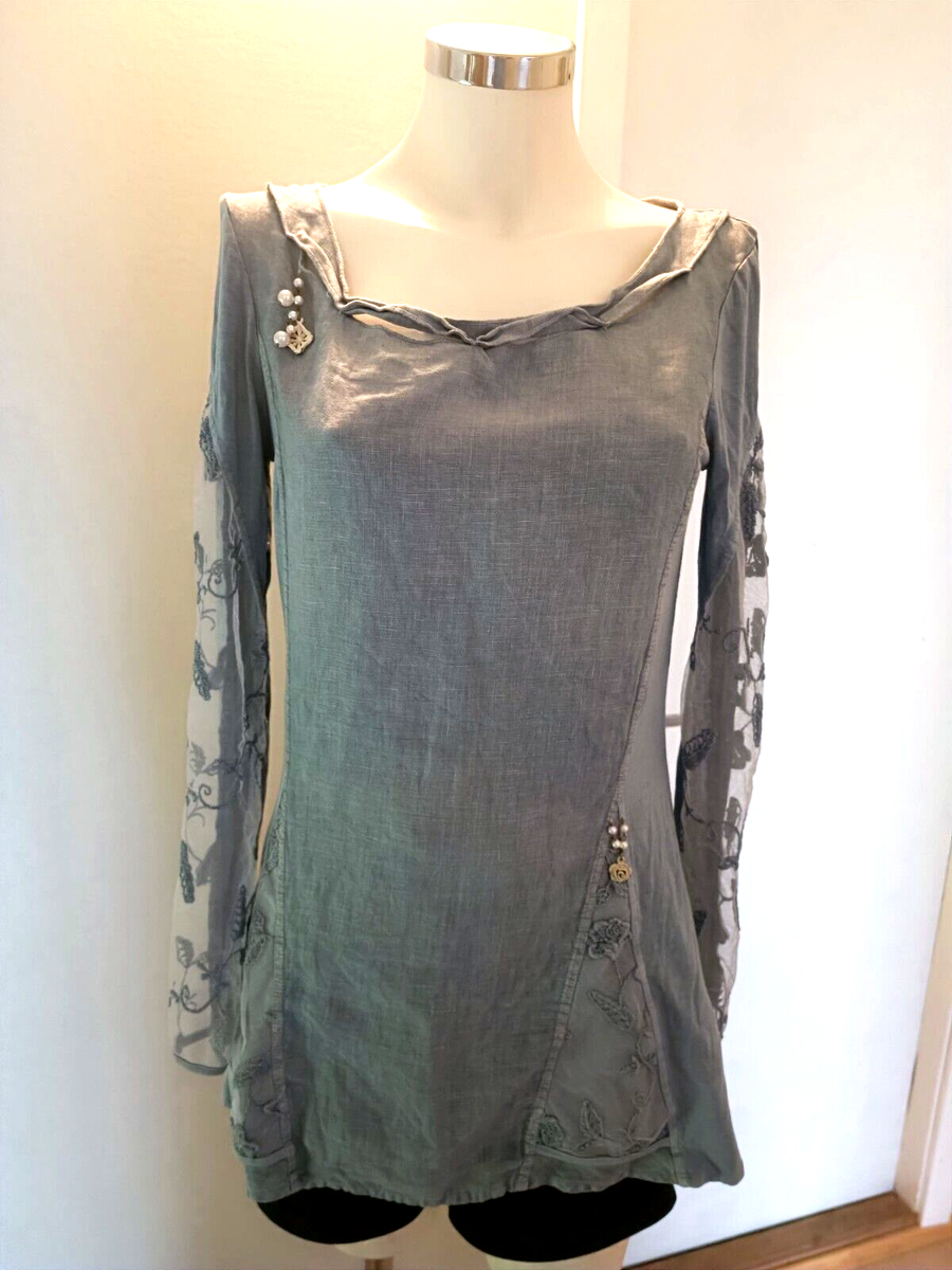 Daniela DallaValle Arte Pura Blue Linen Lace Embroidered Tunic  