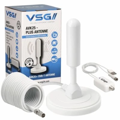VSG® Antenna DVB-T2 HD 36DBi Amplificatore AVK25 Canali TV Programmi TV Free Bianco