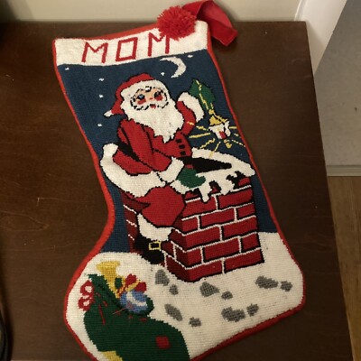Vintage Christmas Santa Cross Stitch Stocking for Mom 14  Moon Red Chimney