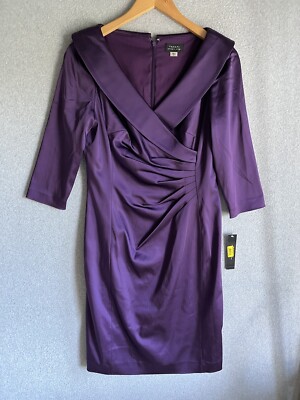 Tahari Arthur Levine Dress Purple Satin Regal Modest Cocktail