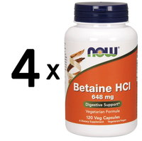 4 X Now Foods Betaine Hcl, 648Mg - 120 Caps (145,73 Eur/Kg)