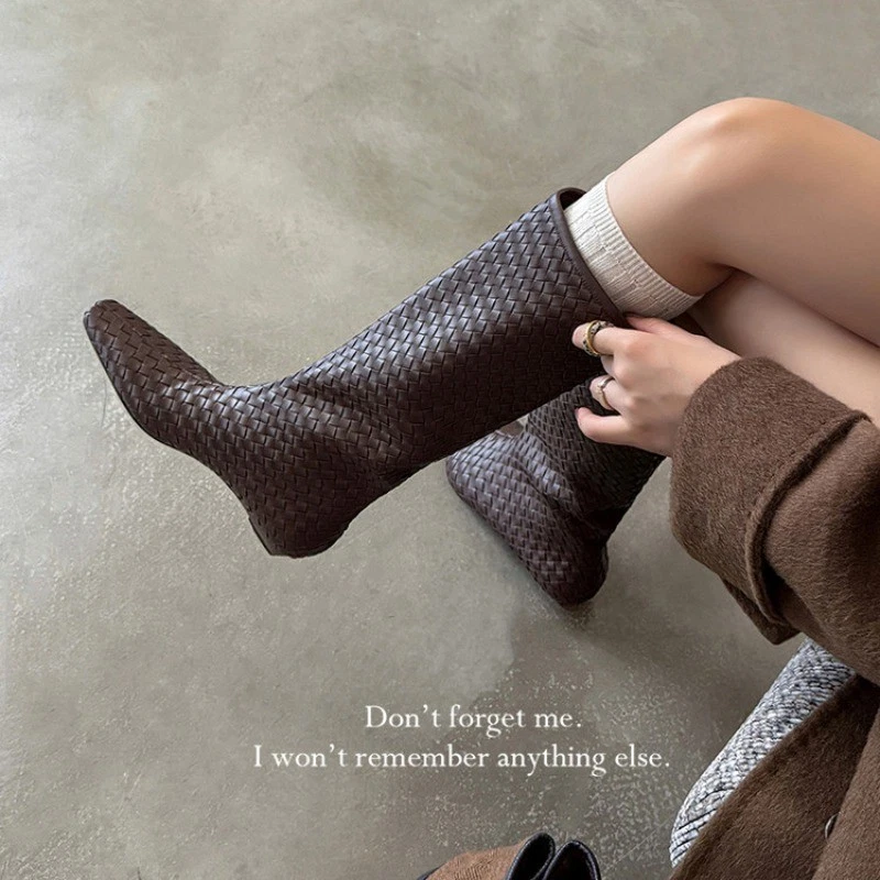 Moda Mujeres Tacones Altos Botas Hasta la Rodilla Punta Cuadrada Tejido Cuero Botas Altas Talla Foto 2 de 4