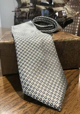 MARKS & SPENCER Men’s 100% Silk Necktie Diamond Pattern Beige Blue  Lined 3.5x58