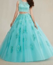 formal dress Aqua Two-Piece Tulle with Beaded Lace Appliqués