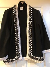Chanel VINTAGE 10P NEW BLACK ECRU Cashmere Jacket Cardigan Pearl Trim CC FR38
