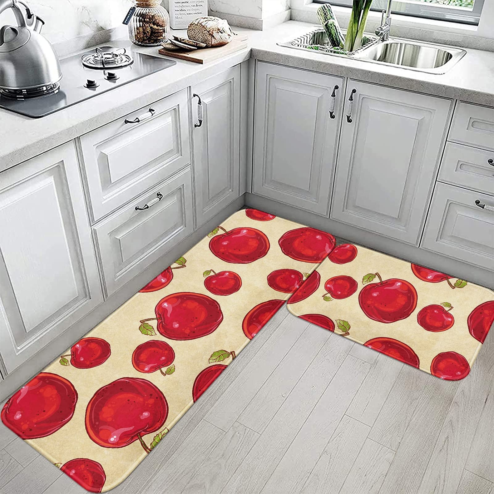 Farmhouse Apples Kitchen Rugs Set NonSkid, Washable Vintage Style for