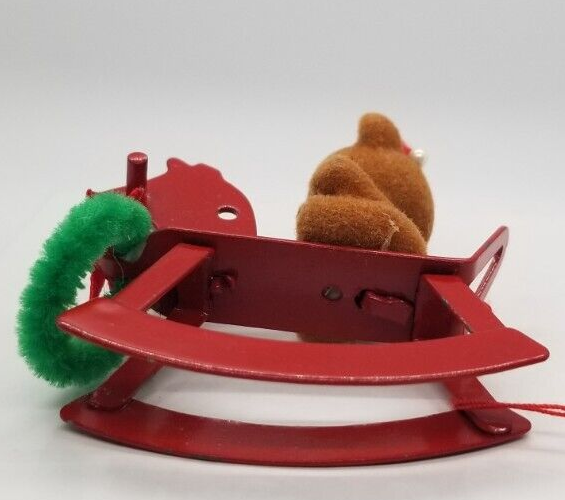 Russ Berrie Christmas Teddy Bear Red Metal Rocking Horse Ornament 2.5