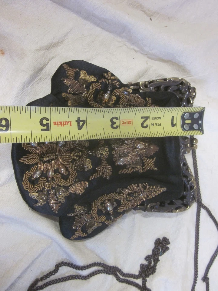 Antique 1920's Silk Beaded Copper & Black Hand Bag - Made in India - Image 2 of 4