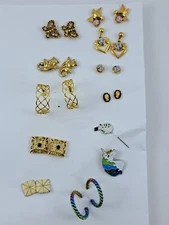 10 Pair Costume Gold-tone Earrings, preowned, some Avon. (2 Pins)