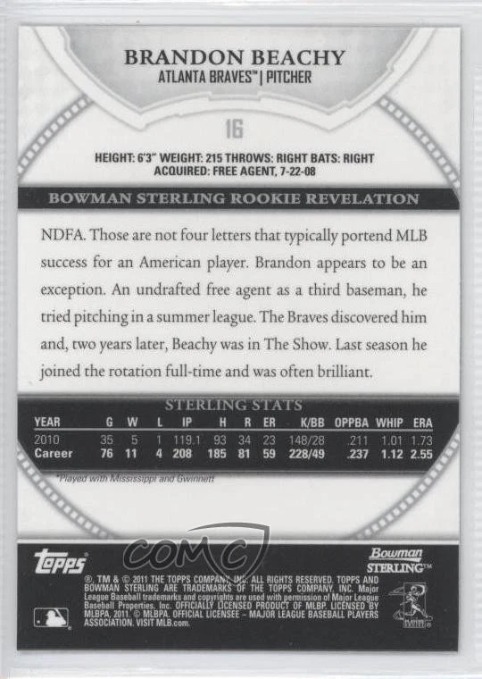 2011 Bowman Sterling Brandon Beachy #16 Rookie RC - Image 2 of 2