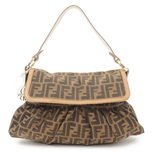 Fendi Zucca Canvas Leather Shoulder Bag Brown Black 8BR436 Authentic Used