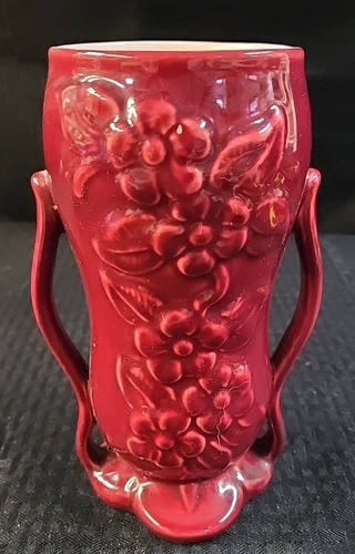Vintage Red Wing USA #1360 Double Handle Floral Vase Pale Red/White
