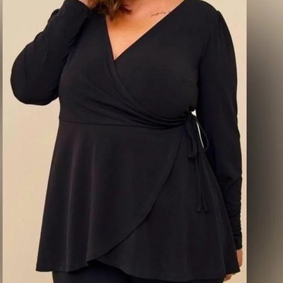 Torrid Black ITY Surplice Wrap Top Long Sleeve Peplum Blouse 2 2X 18-20 j3