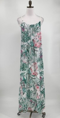 Elena Baldi Green Pink Tropical Print Silk Blend Tiered Long Maxi Dress Sz L