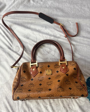 MCM Brown Visetos Logo Satchel Top Handle Gold Zip Detachable Strap