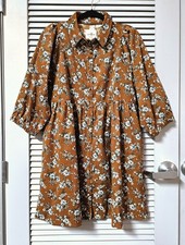 camel corduroy floral button down shirt dress M
