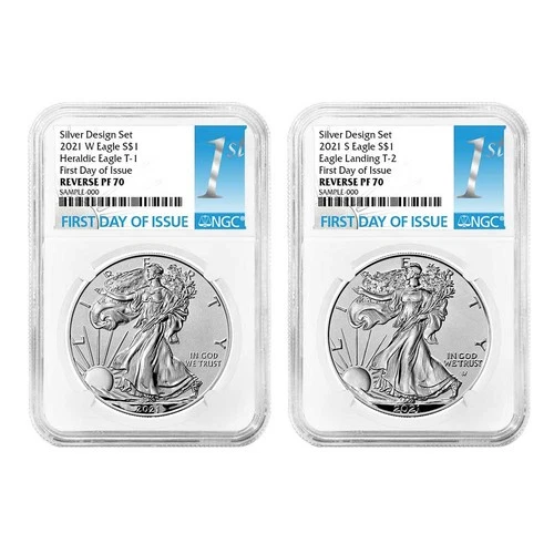 2021 Reverse Proof American Silver Eagle Designer 2pc Set NGC PF70 FDI First