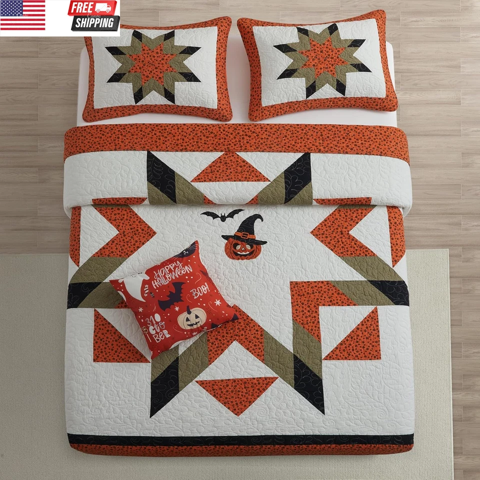 Halloween Quilt King Size Bedding Set 100% Cotton Embroidery Bats Pumpkin Festiv - Image 3 of 4