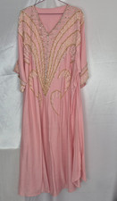 Women’s Pink Long Kaftan Dress One Size V-Neck 3/4 Sleeve Beaded Chiffon