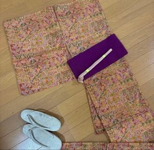 Japanese Kimono 3-piece set floral pattern silk-like fabric used condition