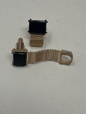 Vintage SWANK Cufflink Gold Color Mesh Wrap Black Stone Signed Art Deco Style