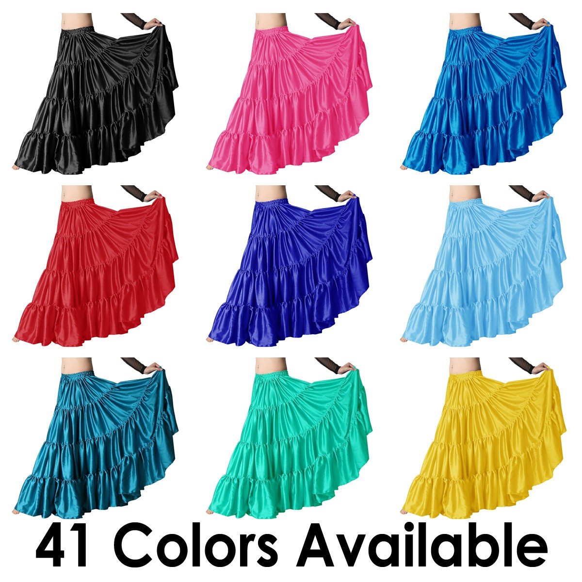 Falda gitana satinada de 6 yardas en niveles danza del vientre tribal con volantes disfraz jupe flamenco
