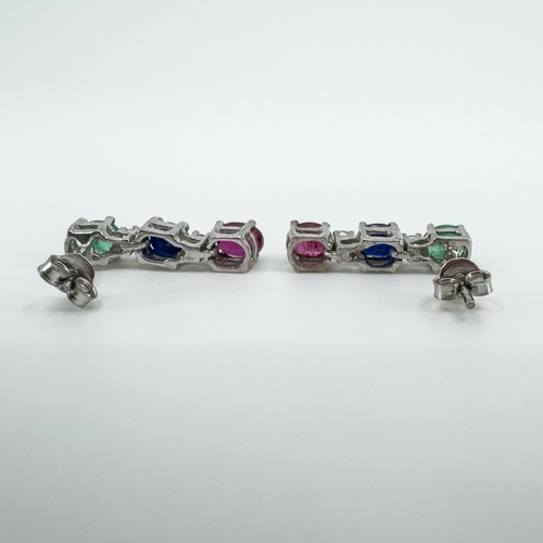 Stunning 1.20ct Emerald Sapphire & Ruby Drop Earrings in Sterling Silver - Picture 5 of 11