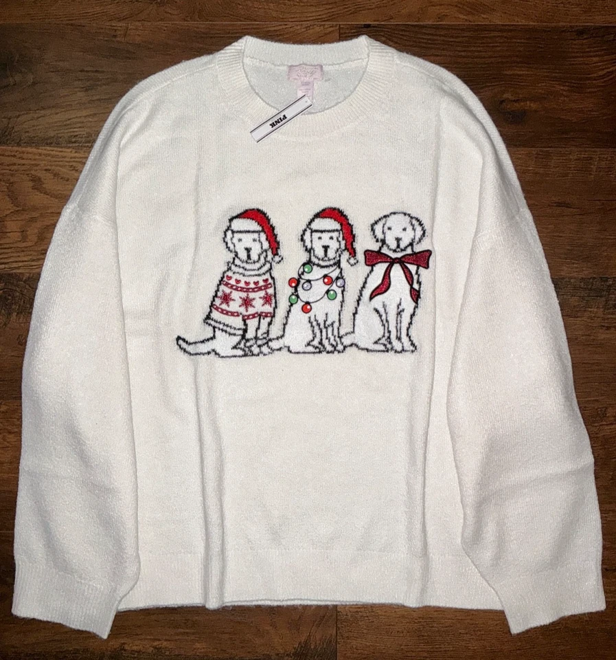 Suéter Victoria's Secret Rosa Tejido Campus Blanco Perro Favorito de Santa Cachorros XL NUEVO CON ETIQUETAS Foto 3 de 4