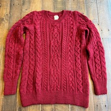 LL Bean Wool Cable Knit Sweater Women's Small Red Pullover Ireland Fishermans