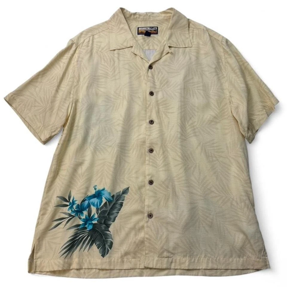 Havana Jack Cafe Rayon Hawaiian Shirt XL Yellow Textured Floral Camp Collar 0164