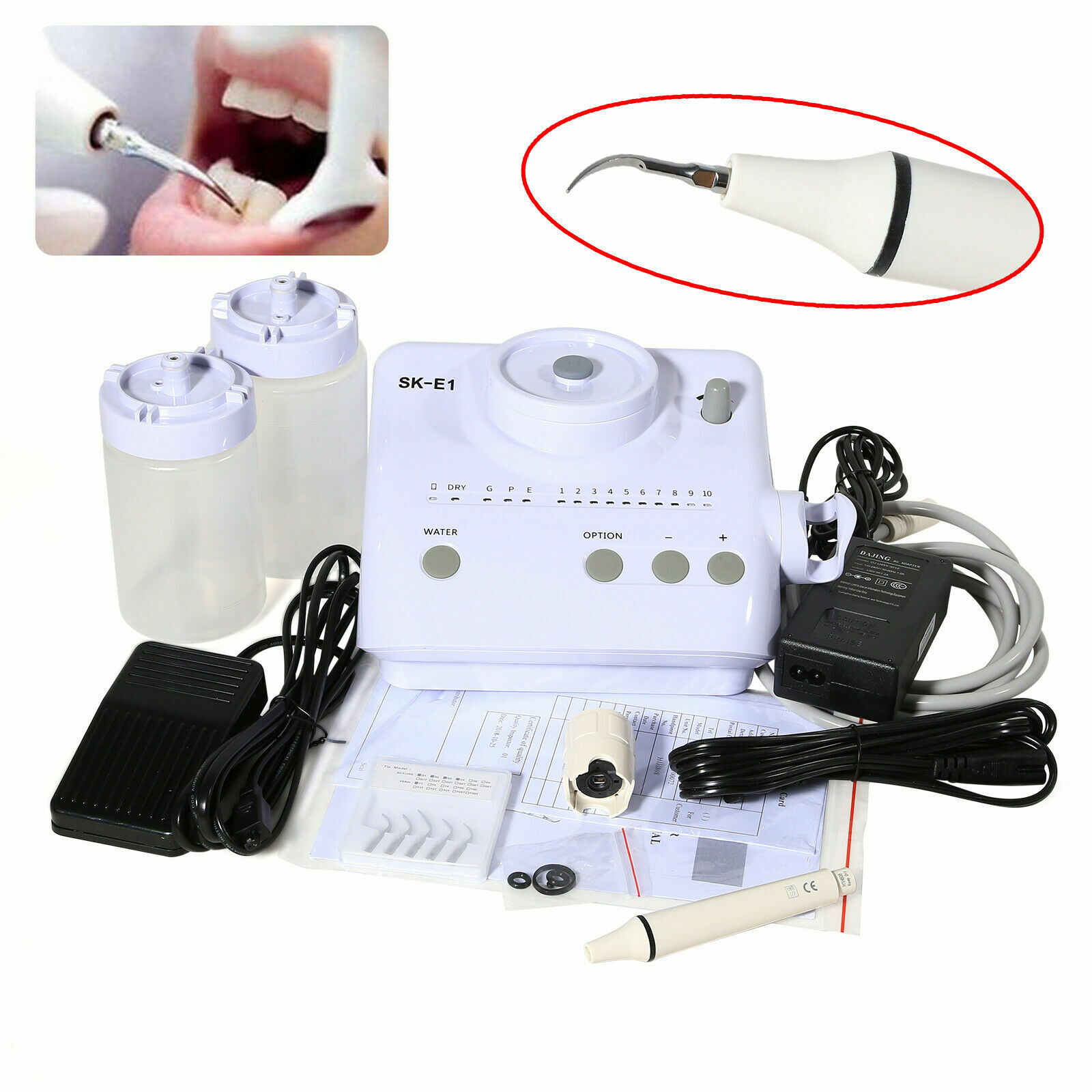 Portable Dental Ultrasonic Piezo Scaler w/ Handpiece Tips Bottles Fit