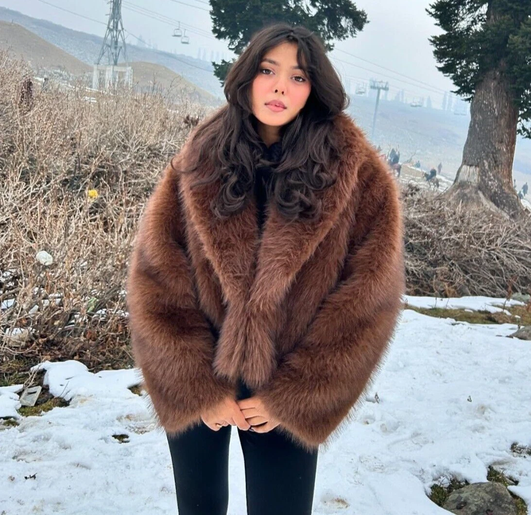 ZARA ドットパフジャケットXS Zara Short Faux Fur Coat Jacket Brown Size XS S L Extra Small