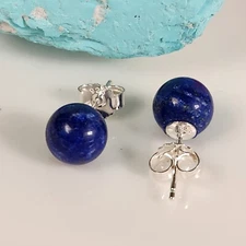 Real Solid 925 Sliver Natural Blue Lapis Lazuli 8mm Round Ball Stud Earrings