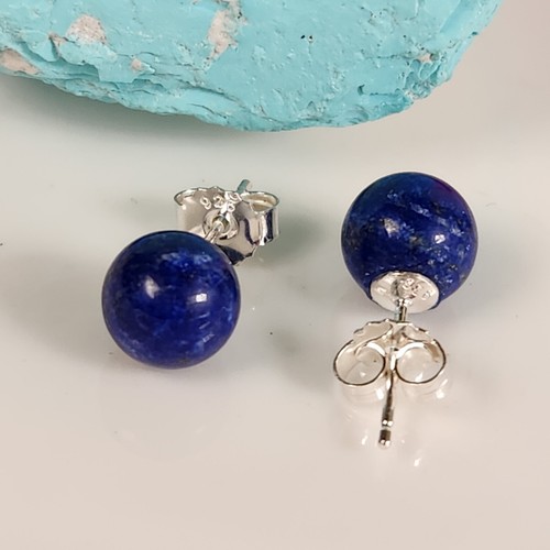 Lazuli 8mm Round Ball Stud Earrings Real Solid 925 Sliver Natural Blue Lapis