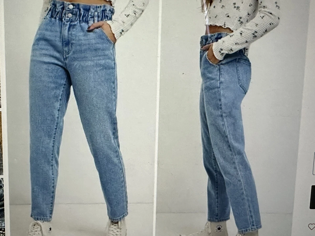 PacSun Mom Jeans Size 27 2 Button Front Paper Bag Waistband Light Blue Denim