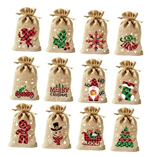 36PCS Burlap Gift Bags,Jute Linen Treat Candy Bag with Double Christmas