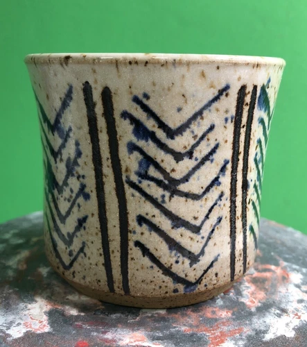 Vintage Studio Art Pottery Tea Coffee Cup Mug Signed 1981 Hand Thrown Tan Blue
