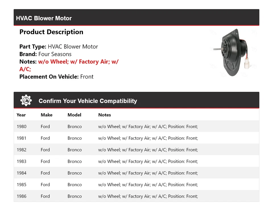 Motor soplador delantero 4 estaciones 1981 1982 1983 1984 Ford Bronco 1980-1986 Foto 2 de 4
