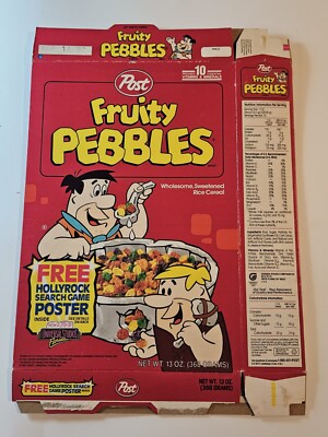 1991 POST FRUITY PEBBLES Empty CEREAL BOX Flat Hollywood Search Game Poster 