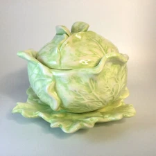 Ceramic Serving Bowl with Lid  Plate Cabbage Leaves Vintage
