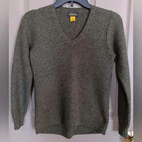 Cabela's Women's Heavy Wool Blend V-Neck Sweater Olive Green Size Small