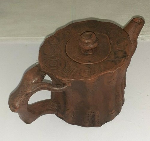 Vintage Authentic 1970s Clay Teapot Tree Stump Artist Marks on Lid & Base - Picture 6 of 11