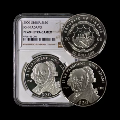 LIBERIA. 2000, 20 Dollars, Silver - NGC PF69 - Top Pop 🥇 John Adams