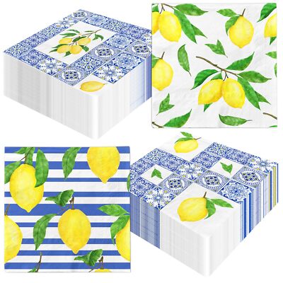 Lemon Cocktail Napkins 40pcs Capri Tiles Blue Yellow Summer Birthday Decor
