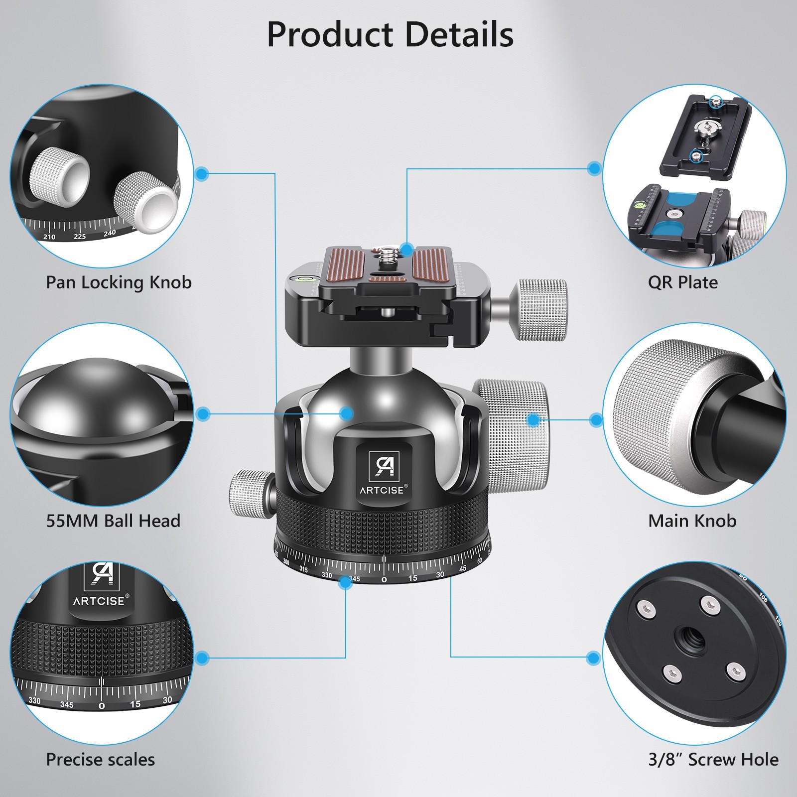 Heavy Duty Tripod Ball Head All Metal CNC 55mm Low Profile Ball Head Load 88lbs