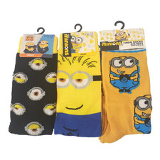Minions Cartoon Mens 3 Pack Yellow Multicolor Size 6-12 Crew Socks NWT Kidcore