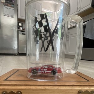 Bill Elliot Clear Beer Mug Stein w/ Handle, Checkered Flags & Red #11 Race Car  